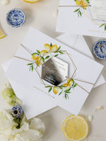 Sicilian Zitrone Save the Date Karte mit Spiegel Plexi Hexagon mit Magnet