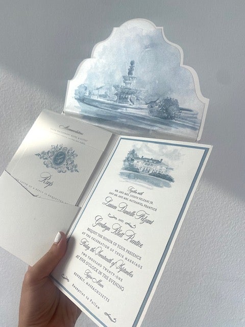 MUSTER - Pocketfold-Einladung mit Event-Location in Aquarell - Dusty Blue