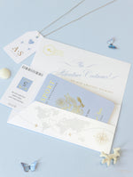 Luxuriöse Reisepass-Hochzeitseinladung in Blaugrau mit Goldfolie